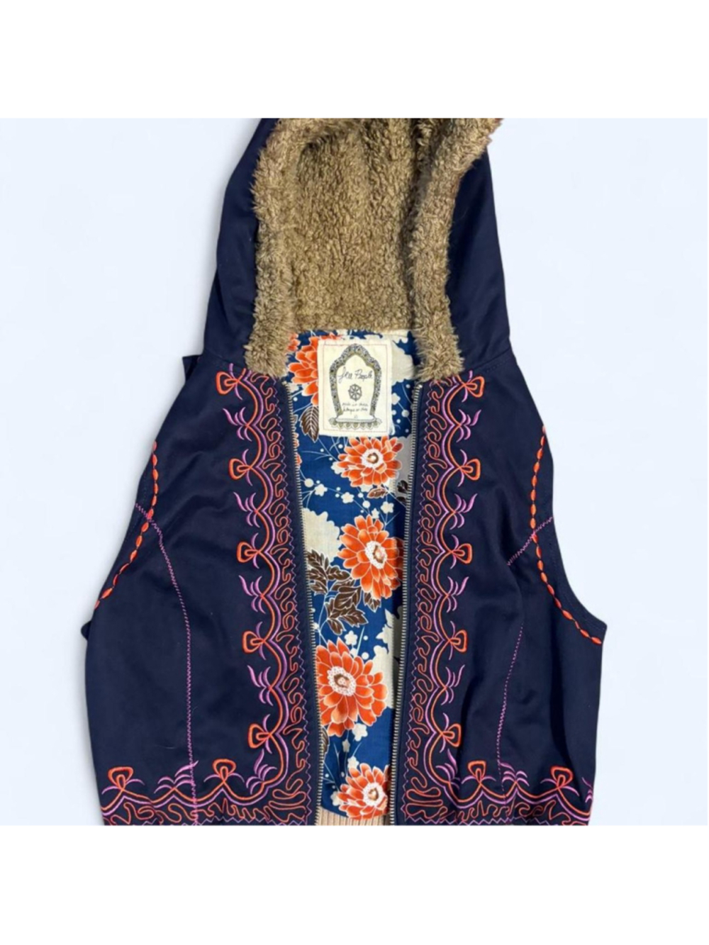 Free People blue cotton & polyester hoodie vest with orange & white floral print